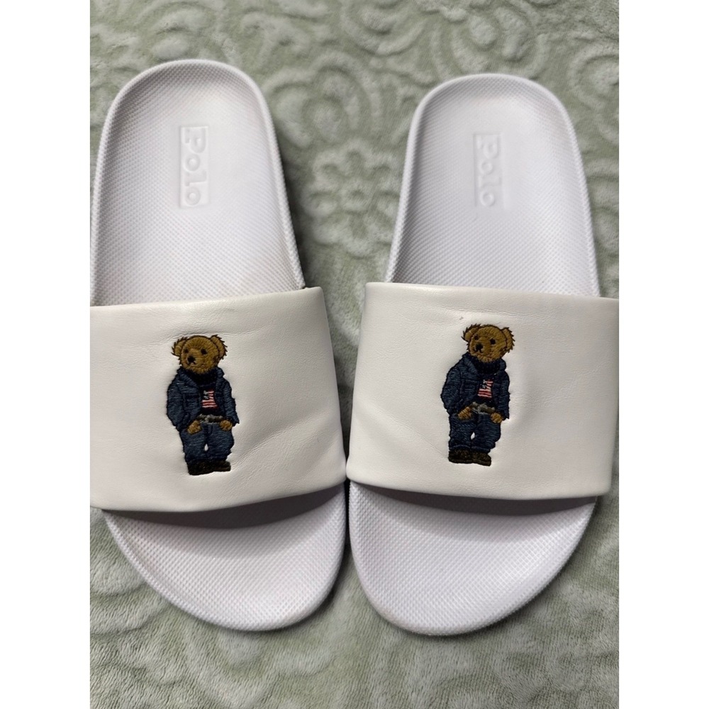 Polo RL Cayson Polo Bear Slides White Unisex 8/9 Embroidered Denim Bear Preppy